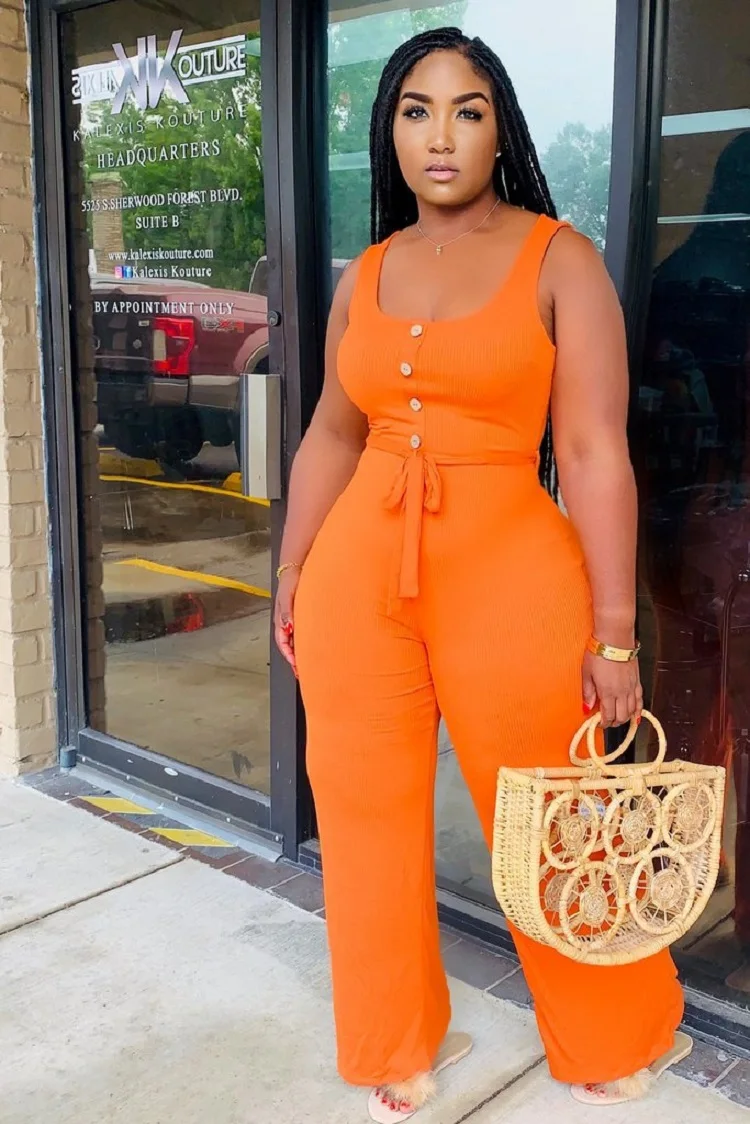 2023 Women's Casual Solid Button Belt Loose Sleeveless Wide Leg