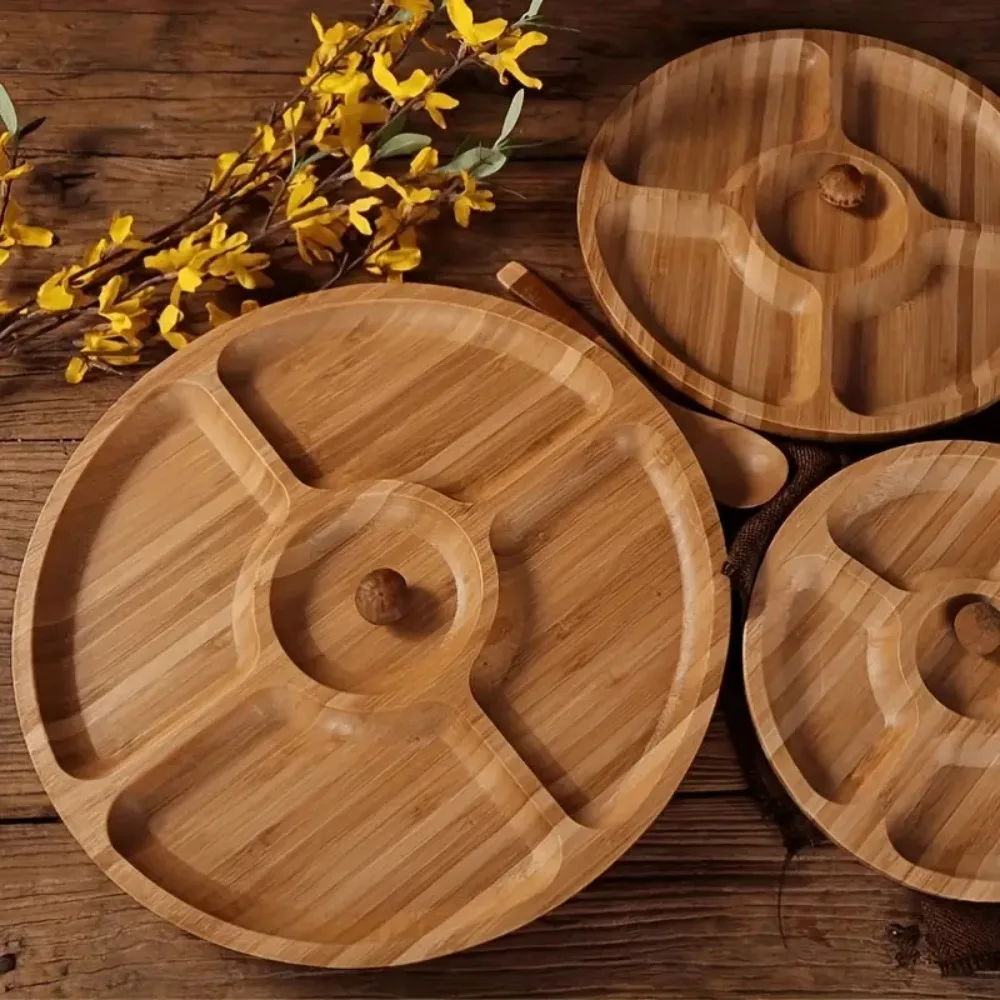 Party Dishes 5 Compartments Round Snack Plate Bamboo 20/25/30cm Divided Serving Trays Appetizer Tray Fruit Platter Hotel