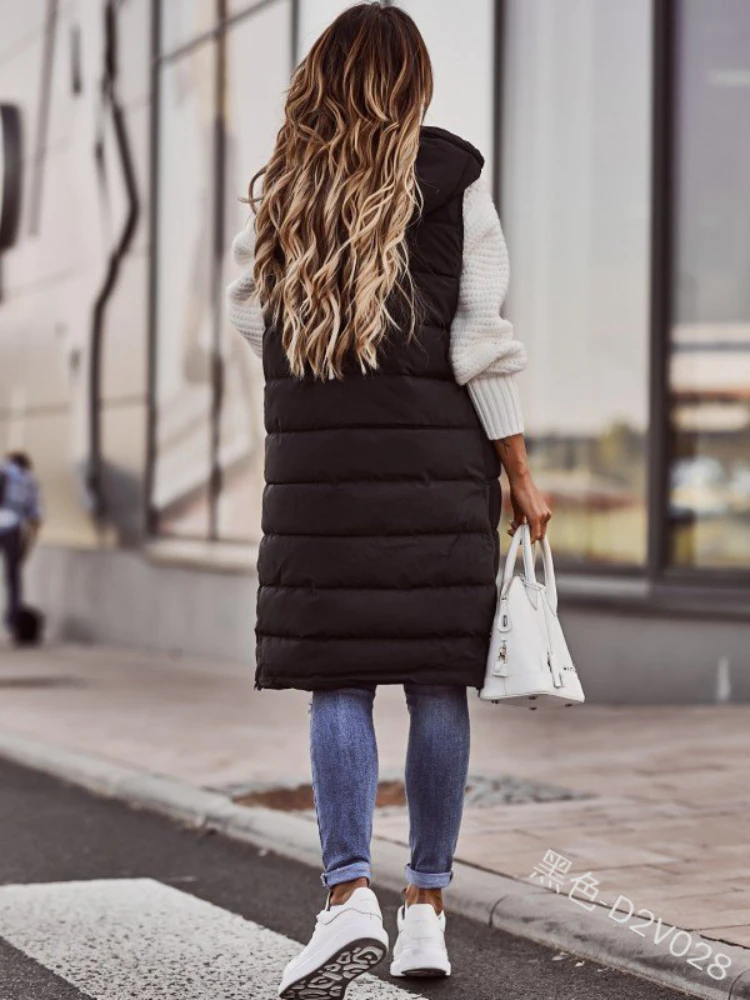 FSMG Autumn/Winter Women\'s Hooded Cotton Vests Solid Color Single Breasted Midi Length Slim Fit Chic Cardigan Outerwear Top eam