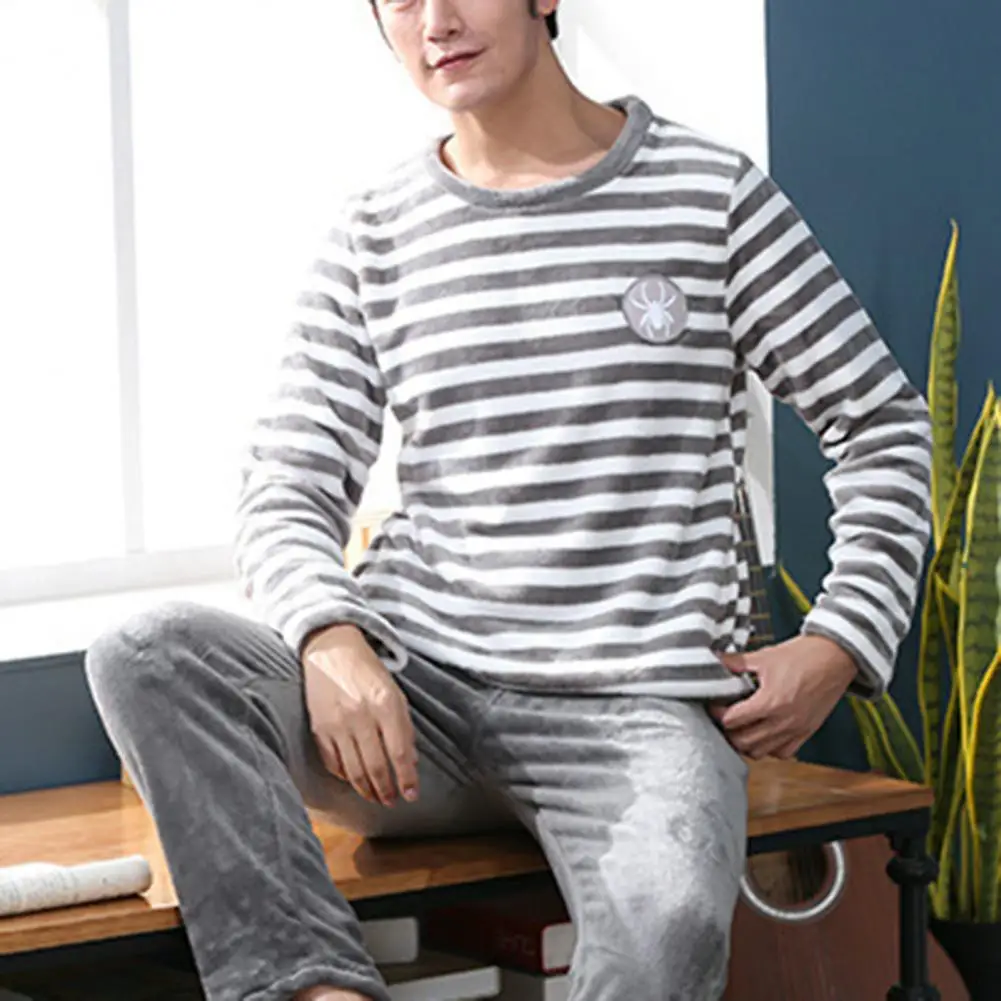 Round Neck Pajama Set Men Winter Pajama Set Striped Thick Coral Fleece Elastic Waist Homewear Fall pajamas set man pajamas set