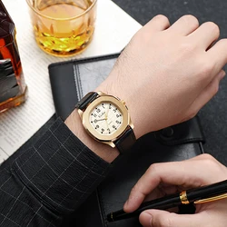 Luxury Brand Top Quality Leather Strap Men's Casual Sport Wristwatch (Black gold)