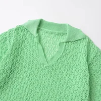 Women Fashion Jacquard Solid Knitted Hollow Out Pullover Sweater Vintage Lapel Neck Short Sleeve Female Chic Lady Tops - Image 3