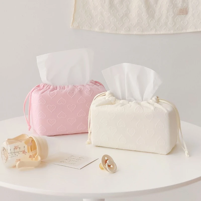 Lovely Heart Pattern Drawstring Tissue Bag Napkin Holder Container Korean Style Portable Newborn Stuff Wet Wipes Organizer 3
