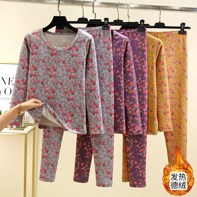 الألمانية المخملية الأزهار جولة الرقبة الملابس الداخلية الحرارية منتصف العمر كبار السن الملابس السراويل قاعدة التدفئة قطعتين