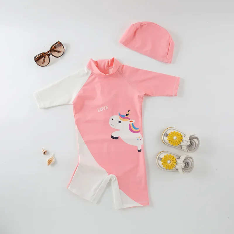 Baby Girls Swimsuit Long Sleeves One Piece Swimwear for Kids Toddler Cartoon UPF50+ Rash Guards Infant Bathing Suit images - 6