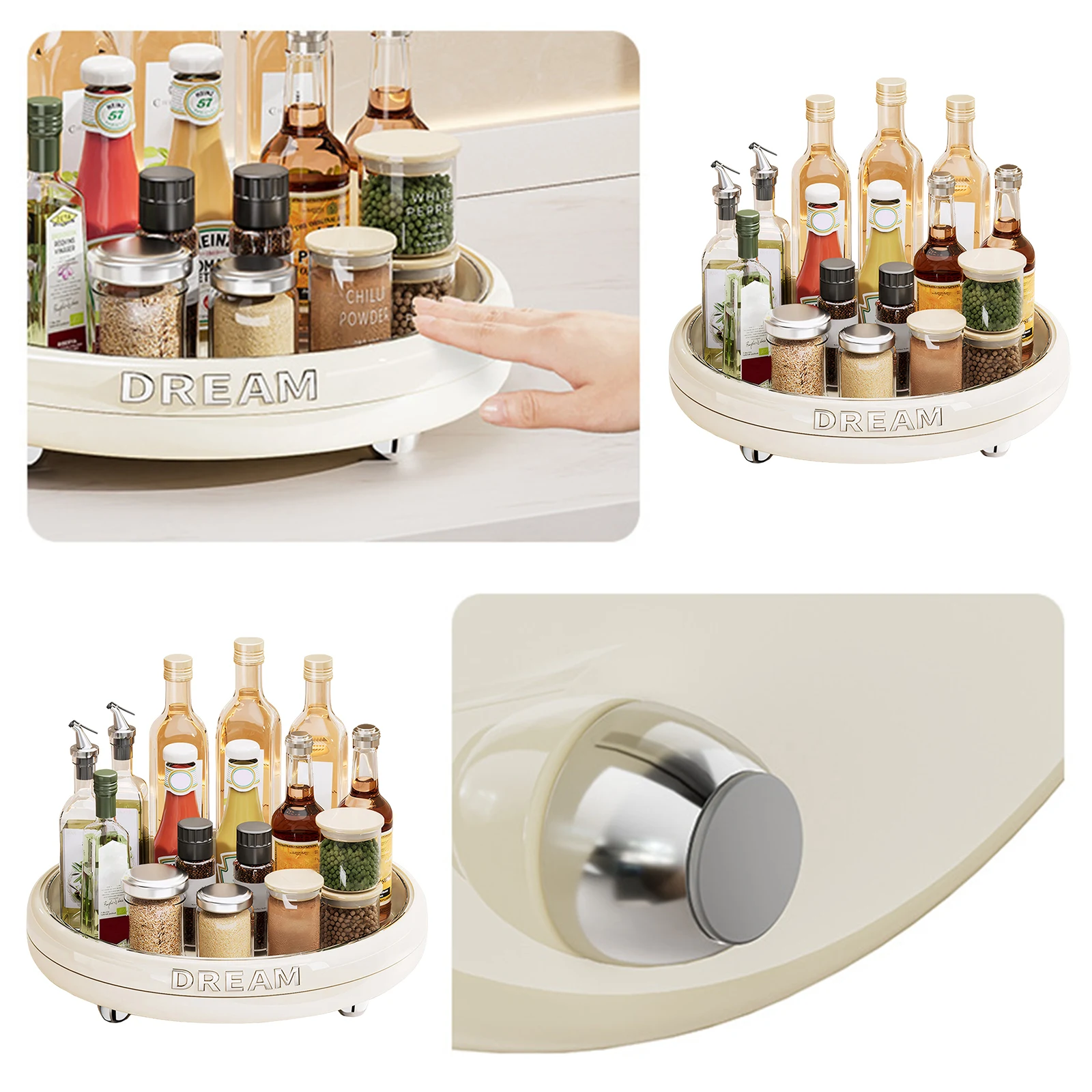 Rotating Kitchen Storage Tray Waterproof Multi-Functional Spice Rack Anti-Slip for Countertops Cabinets & Pantry Organization