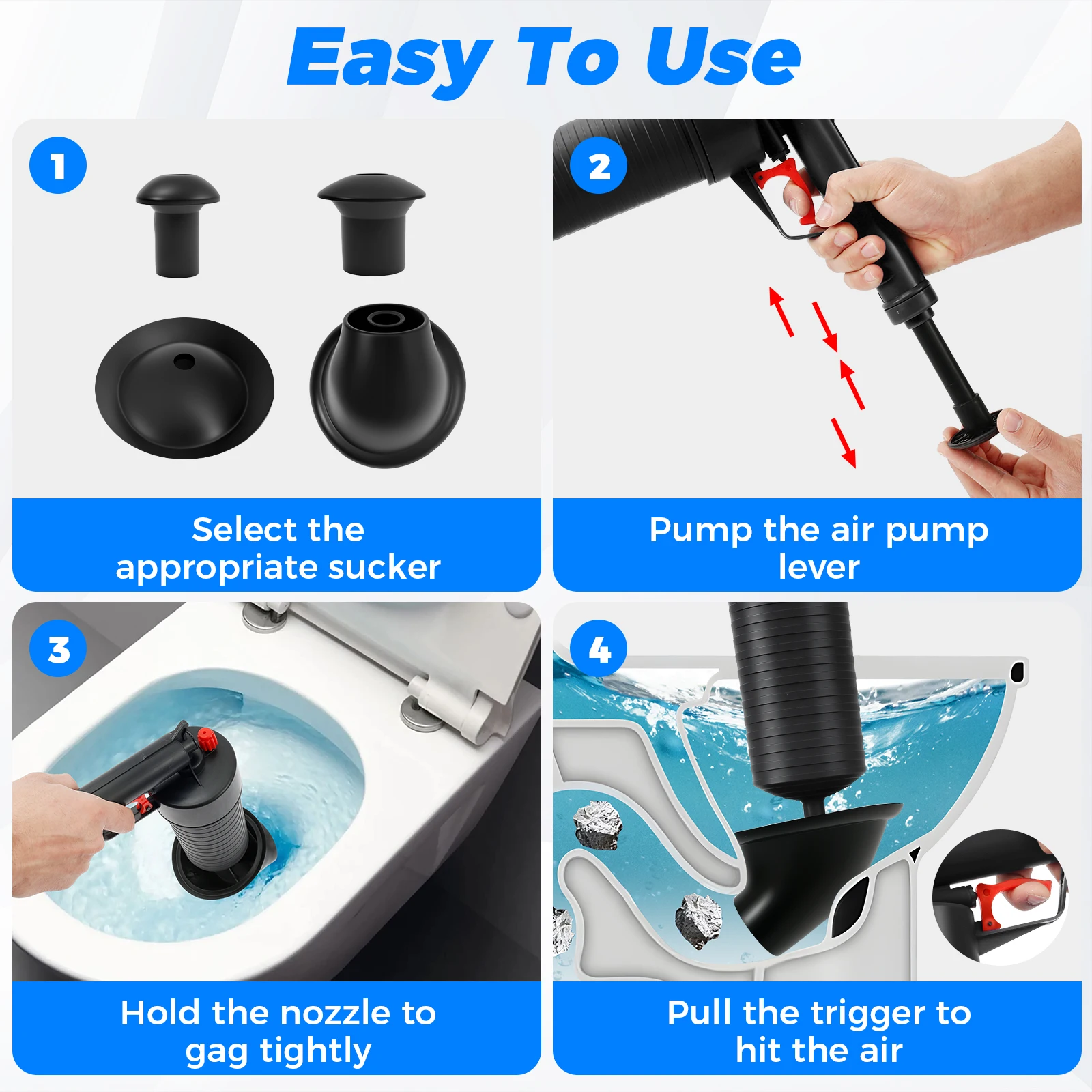Air Pump Pressure Unblocker Toilet Plunger Set with 4 Unclogging Head Efficient Power Drain Clog Remover Tool for Kitchen Toilet