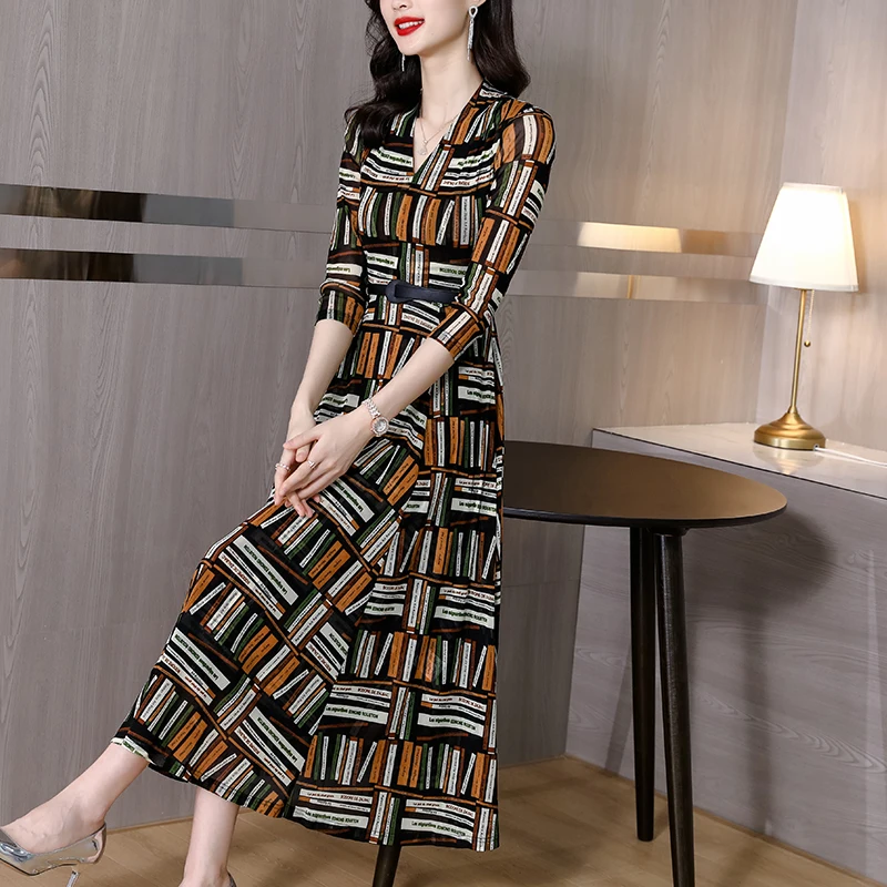 

Female Print Mesh V-Neck Sexy Midi Dress Women Boho Fashion Casual Party Dress Summer Korean Elegant Bodycon Office Lady Dresses