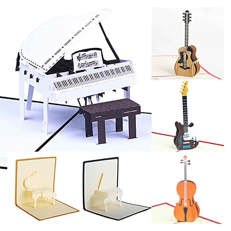 Handmade 3D White Piano Pop Up Greeting Card Concert Hall Invitation Card Guitar Bass Drum Violin Music Instrument Birthday
