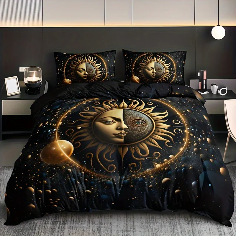 Moon Stars Celestial Sun Duvet Cover Set Golden Printed Bedding Set For Home Decor