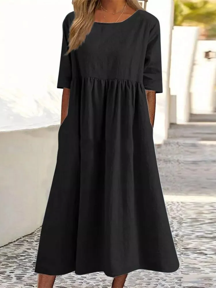 Oversized Cotton Linen Long Dress for Women Summer Casual Short Sleeve Blouse Skirt Beach Female Clothing S-5XL