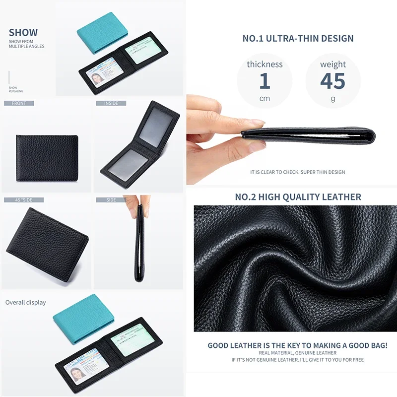 Thin Minimalist Bifold Design Driver's Licence Cover Genuine Leather ID Badge Window Slot Credit Debit Vaccinum Cards Holder