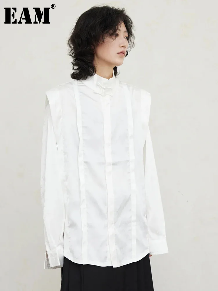 

[EAM] Women White Jacquard Elegant Big Size Blouse New Stand Collar Long Sleeve Shirt Fashion Tide Spring Autumn 2024 1DH0440