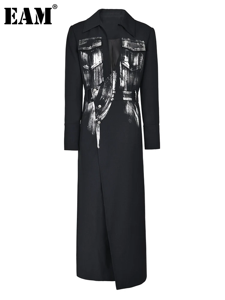 

[EAM] Women Navy Paint Irregular Long Blazer New Lapel Long Sleeve Loose Fit Jacket Fashion Tide Spring Autumn 2024 1DF613817