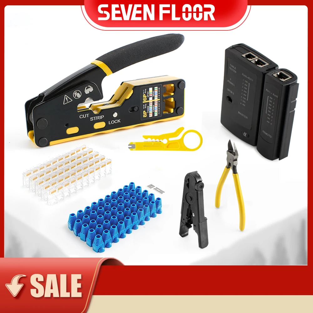 RJ45 크림프 툴 키트, 크림퍼 도구, 케이블 테스터, 와이어 커터, 50개 Cat 6 커넥터 및 스트레인 릴리프 부츠 포함