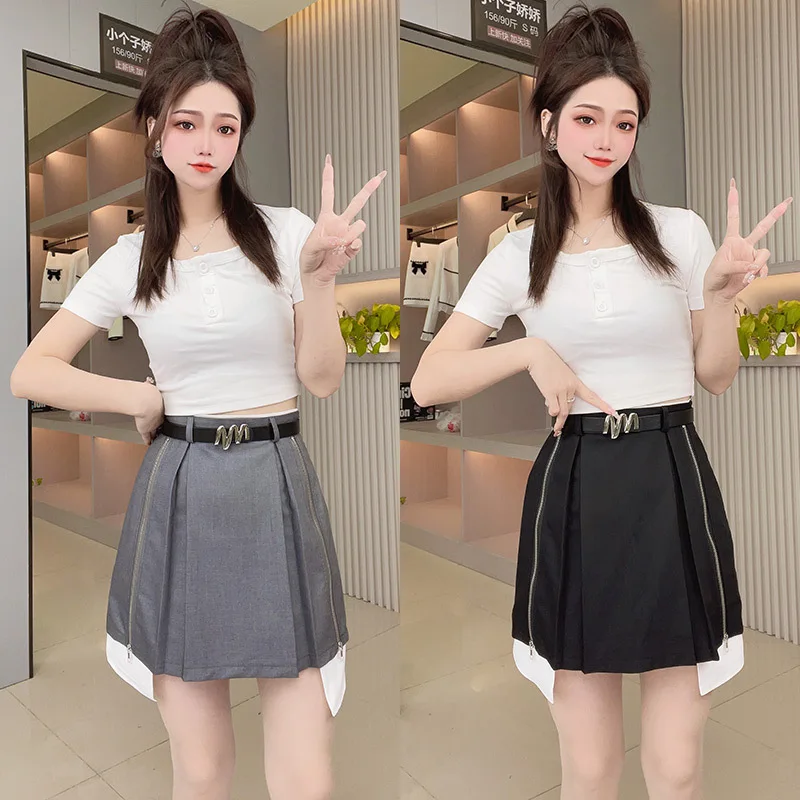 

2023 Japanese College Style High Waist Pleated Skirt Summer Girl New Slimming Zipper Design Niche Skirt Harajuku Designer Luxury