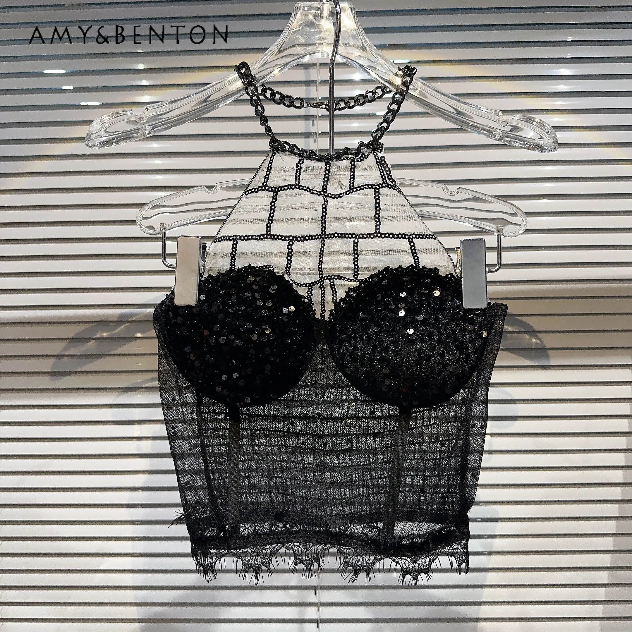 

Fall 2023 New Sexy Socialite Chain Mesh Halterneck Vest Sling Women's Tank Top Female Elegant Lace Sequined Chest Plate Camisole