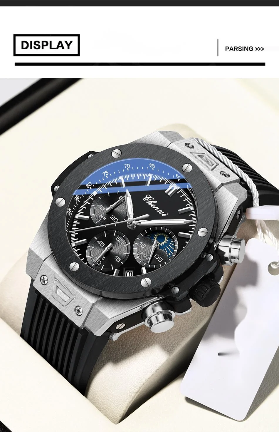 Relógio de quartzo masculino multifuncional com fase da lua_voghion.com