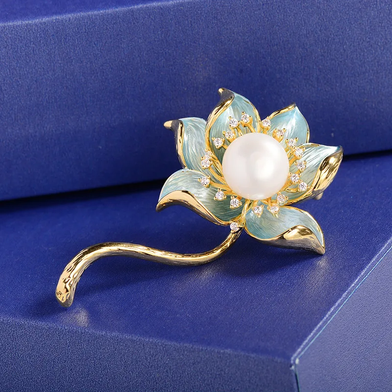 Retro Hand-painted Lotus Natural Freshwater Pearl Brooches Pins Brand Design Statement  Wedding Party Corsage Bouttoniere