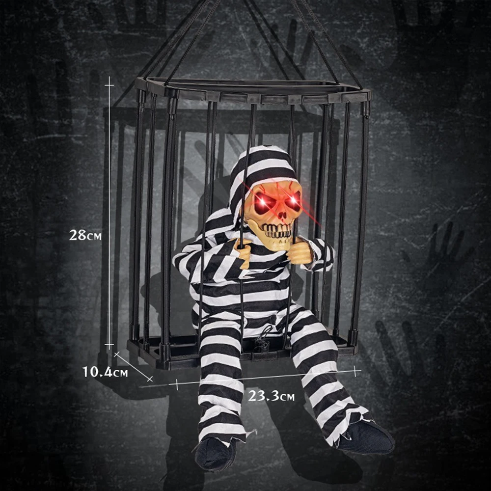 Halloween-Dekoration, Gefangener-Geist im Käfig, gruselige Totenkopf-Requisite, elektrisches Skelett-Spielzeug, leuchtende Augen-Sound-Puppe, zum Aufhängen, sprechender Geist – Detail 3