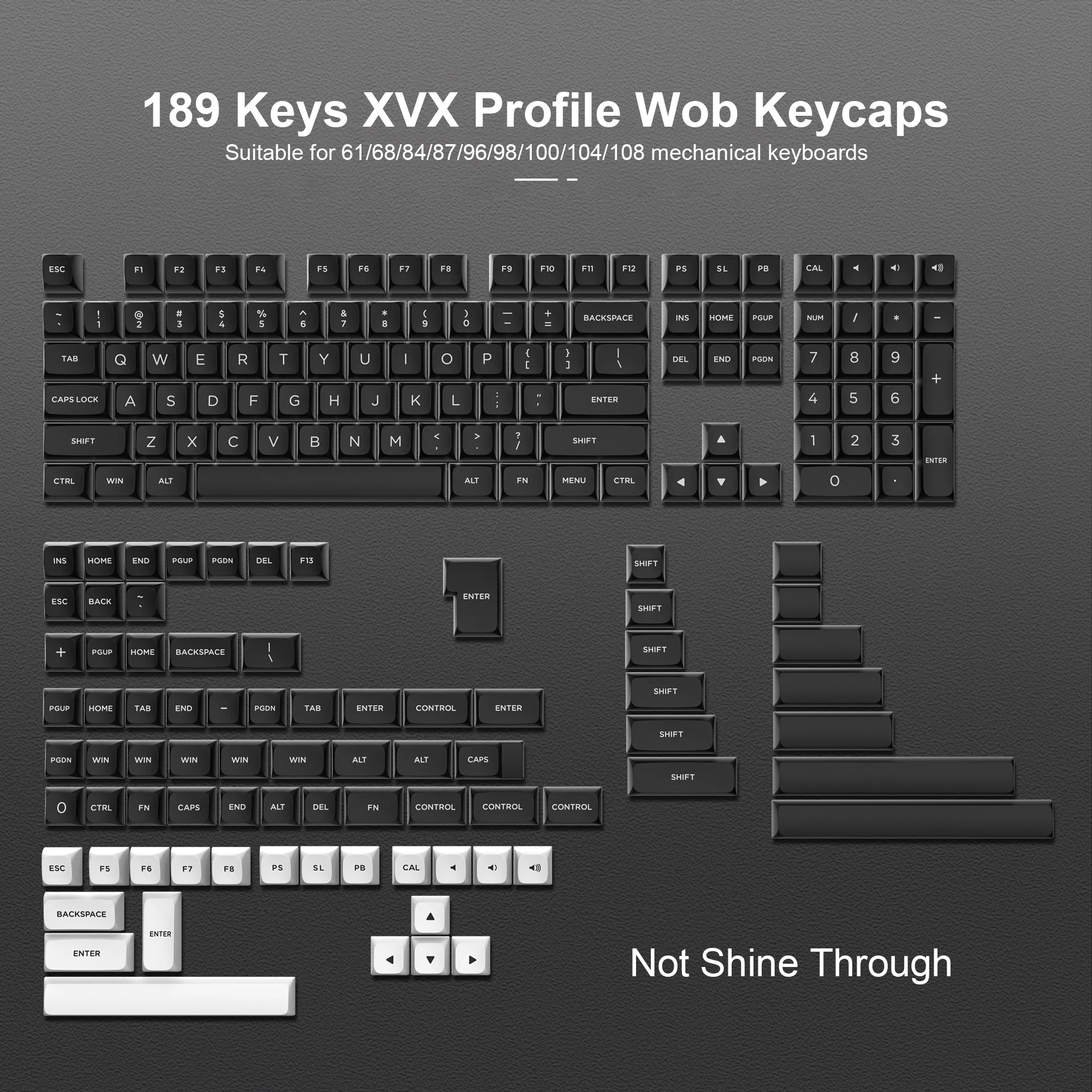 

189 Keys Black PBT Keycaps XVX Profile Keycaps Double-Shot Key cap for Cherry MX Gateron Switches Mechanical Gaming Keyboards