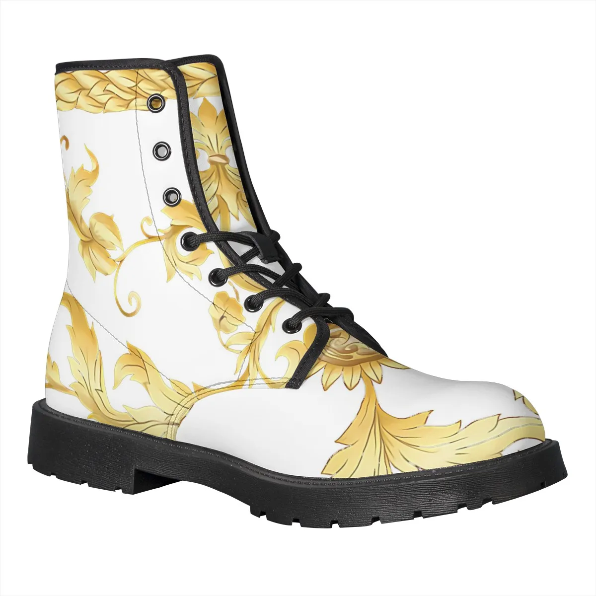 Size 35-46 INS Woman PU Leather Ankle Boots Fashion White And Golden Rococo Prints Shoes Woman Short Classic Boots