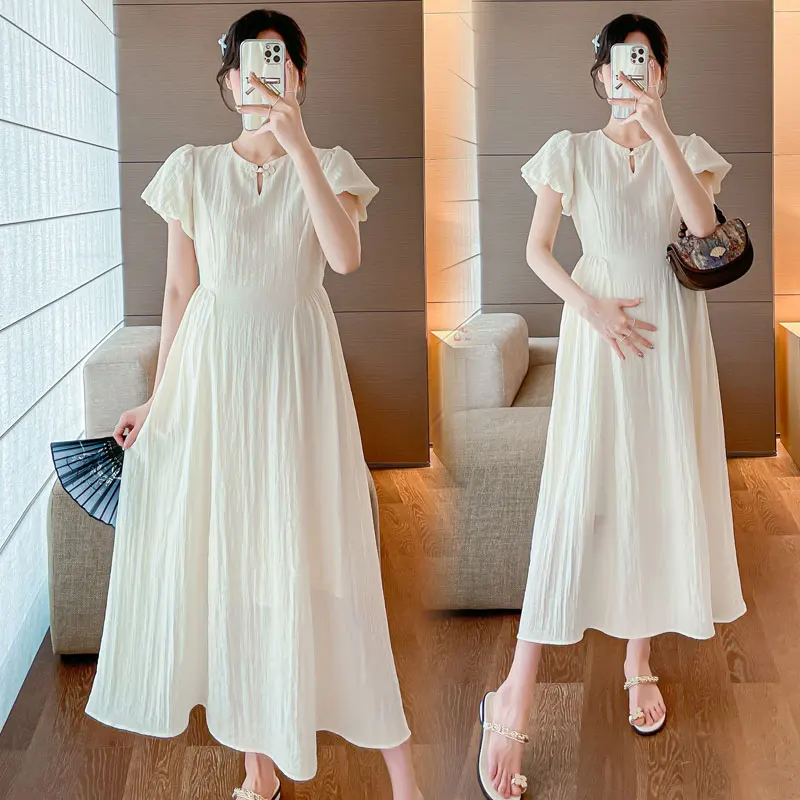 

Maternity Puff Sleeve Dress,Summer Clothes For Pregnant Women ,Cute Fresh Solid O-Neck Pregnancy Long Dresses,Summer,New,2024