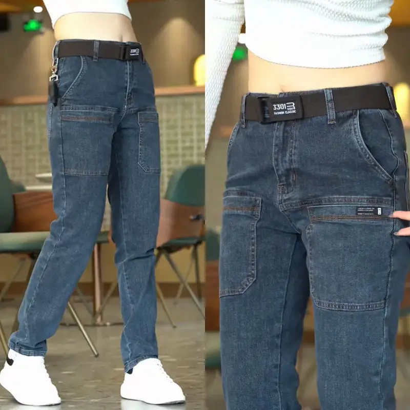 한국 여성 청바지 카고 데님 바지, 캐주얼 블루 그레이 Y2K 스트레이트 청바지, 남성 바지, 남성 의류 