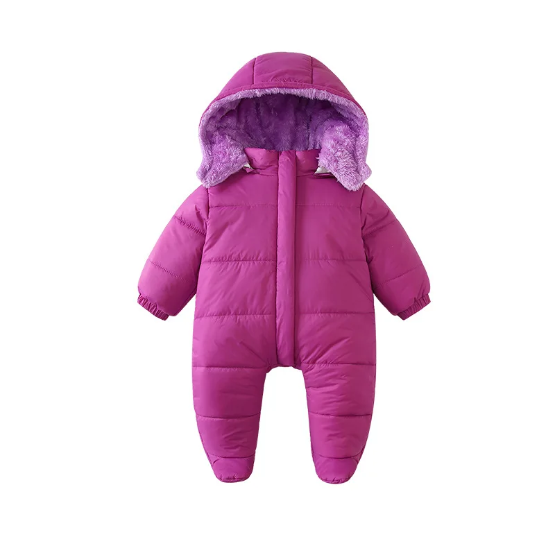 Autumn Winter Solid Color Baby Girl Hooded Coat Thickened Jumpsuit with Zipper Newborn Warm Rompers Boutique Clothing