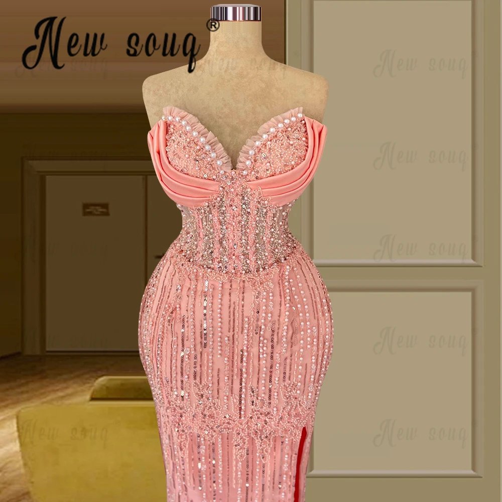 

Baby Pink Sweetheart Party Dress With Full Embroidery Luxury Dubai Wedding Dinner Night Gowns Side Slit Birthday Prom Dresses