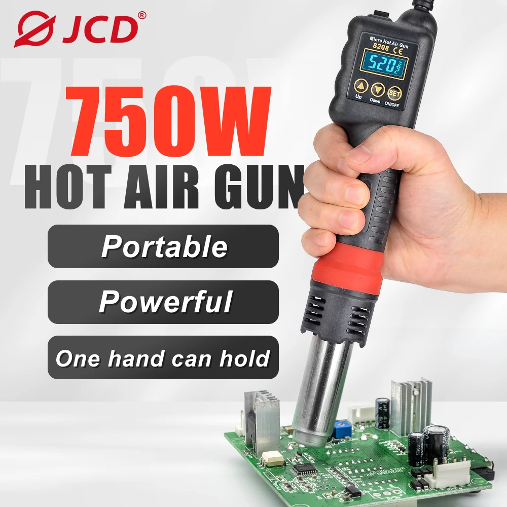 JCD 750W 마이크로 열풍기 8208 납땜 리워크 용접 스테이션 LCD 디지털 히트건 BGA IC 납땜 도구 (열수축 튜브 포함)