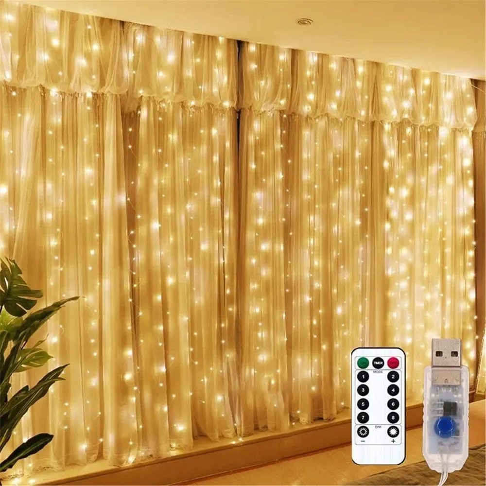 Christmas Lights LED Fairy String Curtain Lights 8 Mode Remote USB Festoon Christmas Decor For Home Holiday New Year Lamp