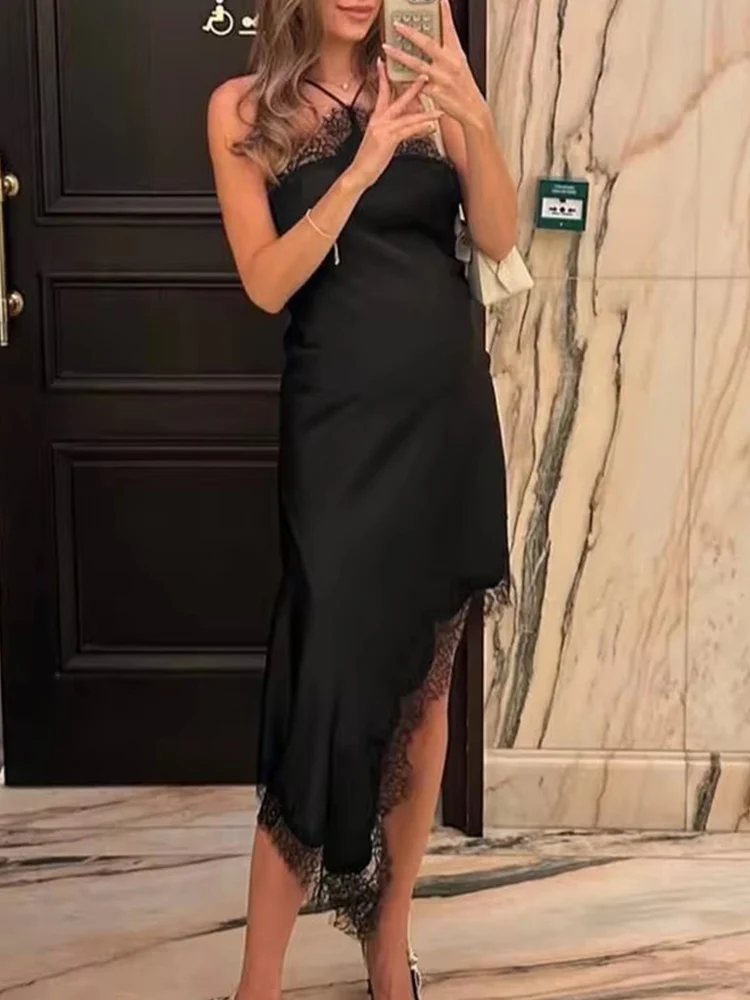 Women Sexy Lace Satin Halter Long Dress Asymmetric Hem Dress New 2025 Summer Fashion Holiday Party Beach Dresses