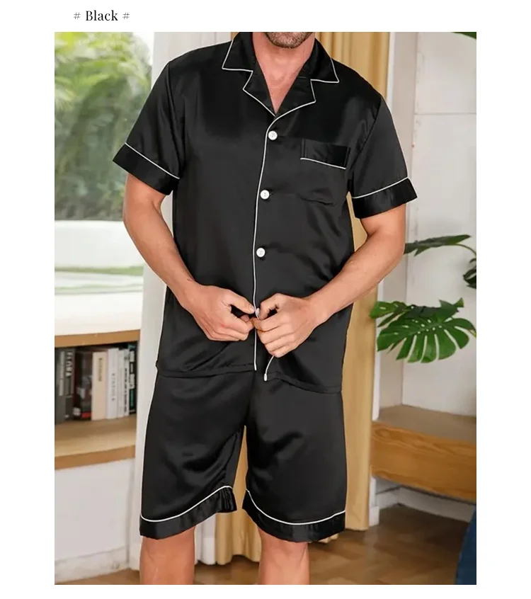 Zweiteiliges Herren-Pyjama-Set aus Satin, lässig, bequem, Pyjama, Knopftasche, kurzärmliges Hemd mit Shorts, Pyjama-Nachtwäsche für Herren – Detail 9