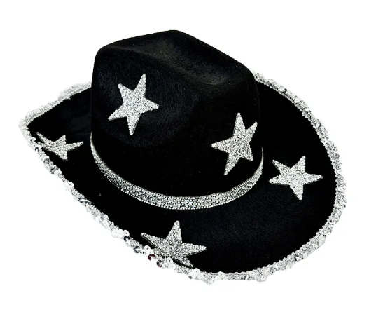 Women Rhinestone Star Cowgirl Hat Wide Brim Diamond Glitter Western Hat Cowgirl Cap for Wedding Music Costume Party