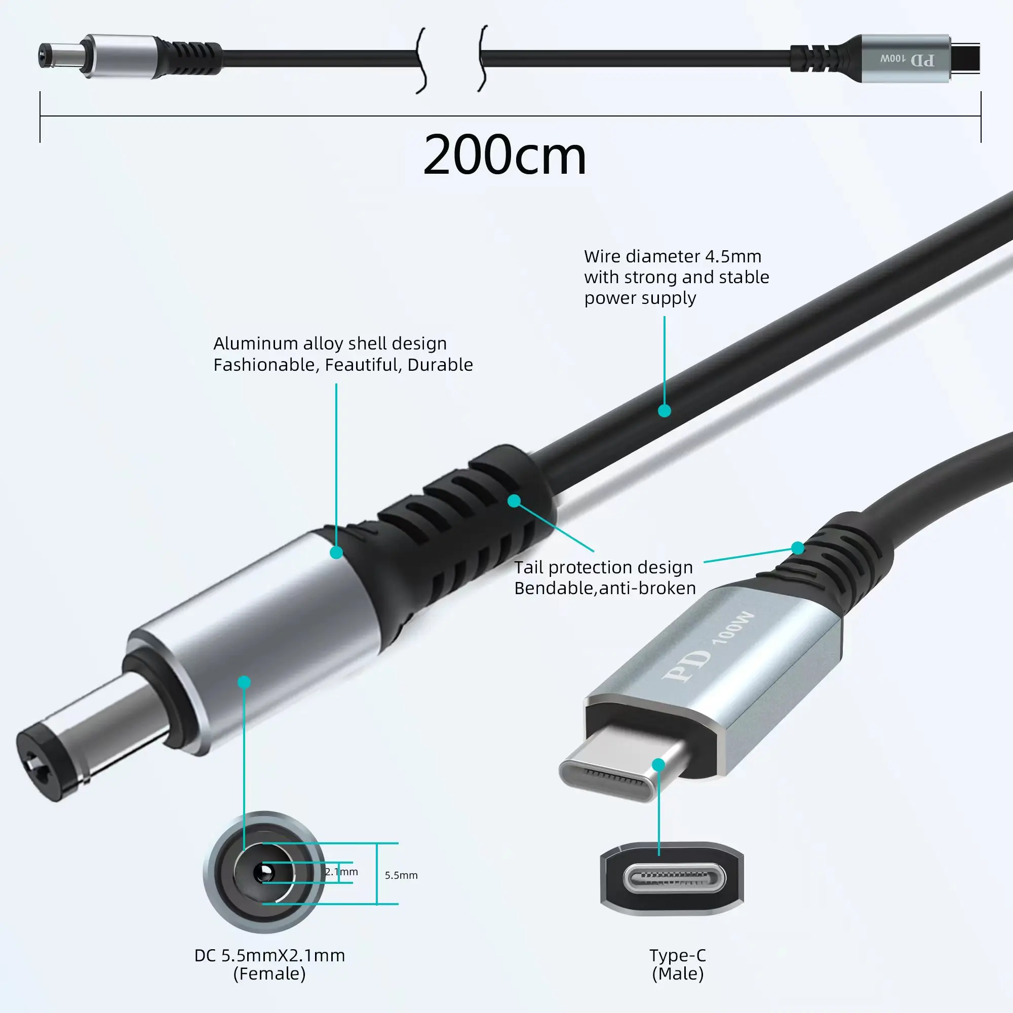 USB C to DC 5.5mm Power Charging Cable - 2M, 100W Capability