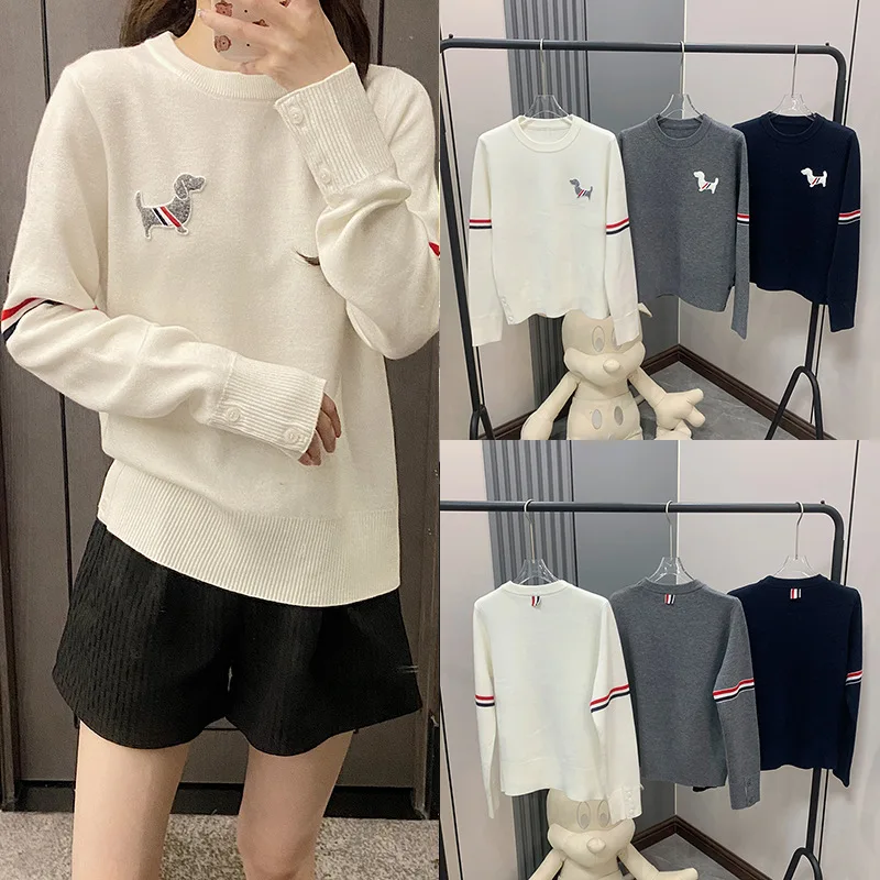 

Cute Puppy Cartoon Decoration Fashion Brand Stripe Classic Design Tops Loose Knitted Casual Women's Sweater Simple Wool Pullover