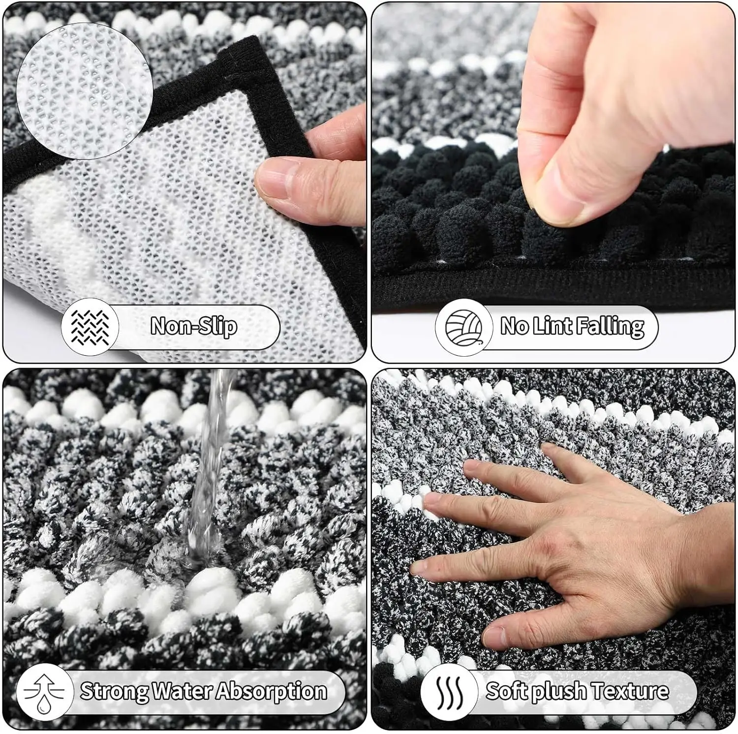 34PCS Black Bathroom Set. Shower Curtain, Rugs, Trash Can, Toilet Brush. 3PCS 17oz Soap Dispenser. Wall-Mounted.