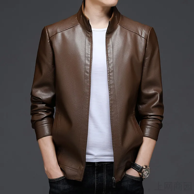 2023 Autumn New Men Fashion Large Size Leather Clothing Slim Fit Stand Collar Casual Biker Leather Jacket Men Solid Color Top