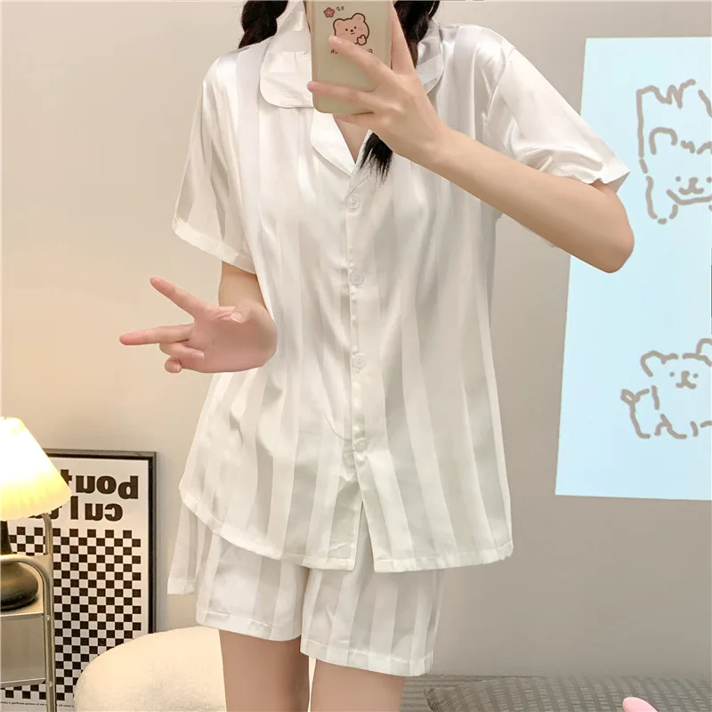 Summer Women's Thin Imitation Silk Pajamas Short Sleeve Shorts Loose Fitting Home Clothing Set Sweet Vertical Striped Sleepwear
