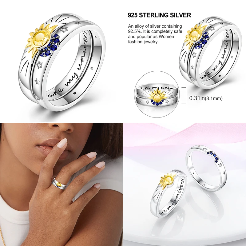 Pandora Celestial Sun & Moon Ring Set Dames 925 Zilveren Sieraden Verjaardag Geschenk Verlovingsringen 2023 Nieuw in Hot Fashion Unisex Ring Set