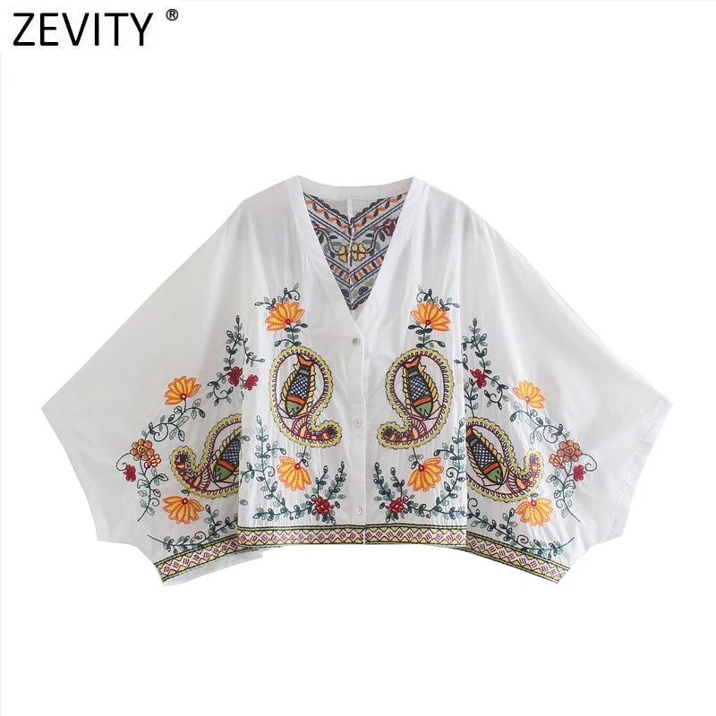 

Zevity Women Vintage V Neck Cashew Nuts Floral Embroidery Smock Blouse Lady Batwing Sleeve Kimono Shirts Chic Blusas Tops LS9800
