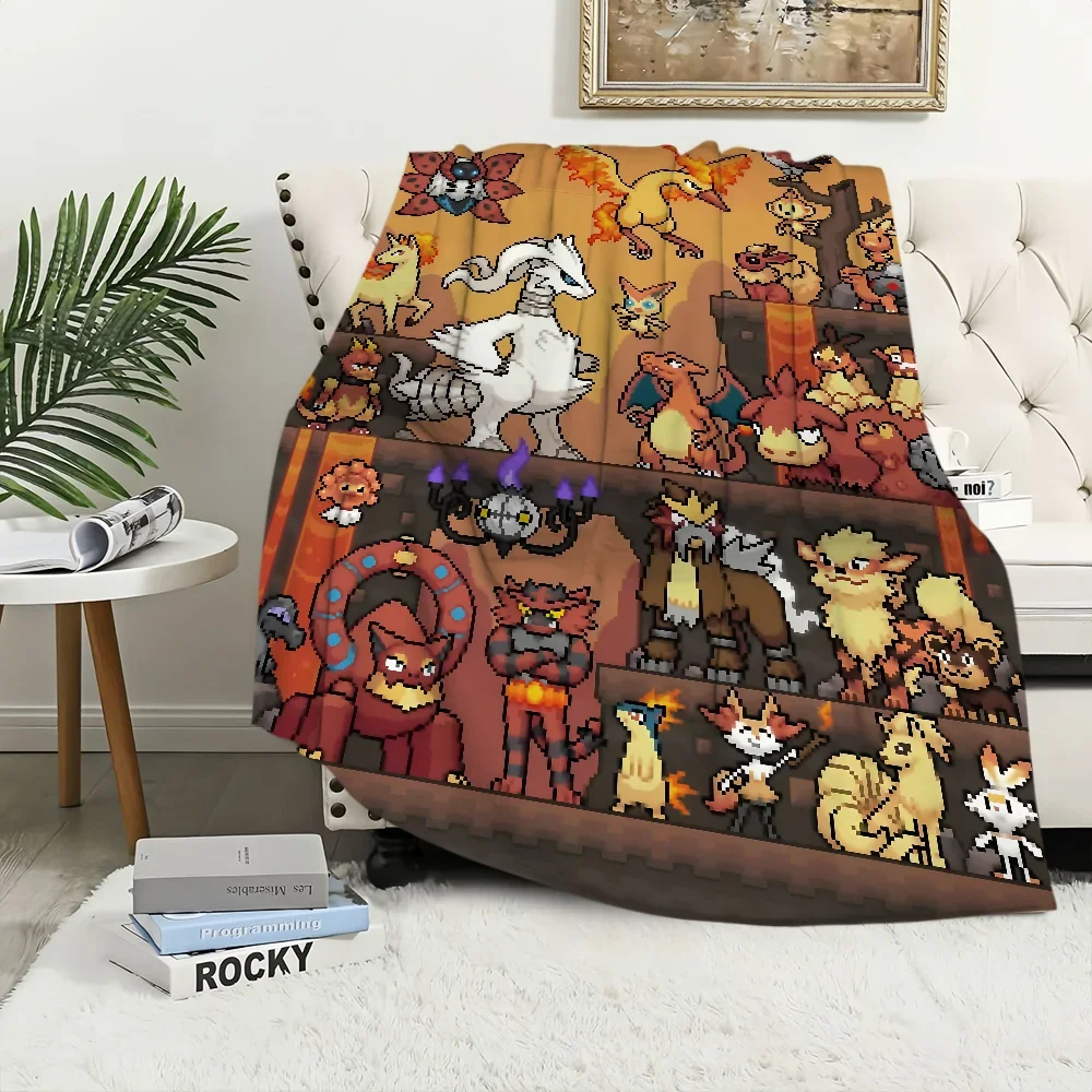 Pixel Art Flannel warm comfort  soft plush P-Pokemon blanket for Anime sofa living room bedroom travel gift single-sided printed 6