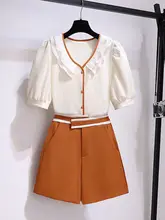  Women Summer Office Ladies Elegant Fragrance Shorts Set For Women Lace Ruffles Patchwork V Neck Tops And Shorts Two Pieces Sets 