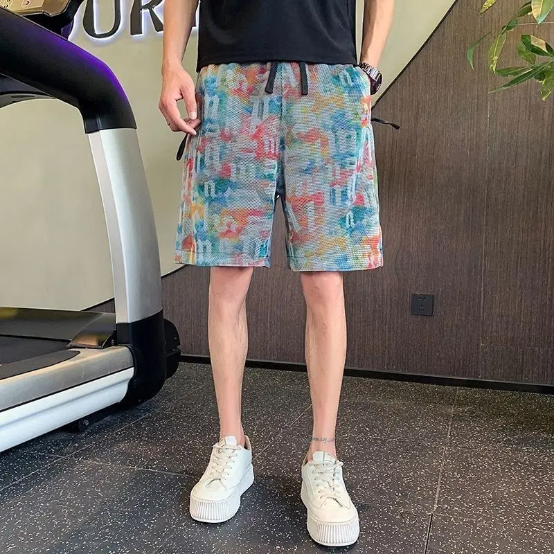 2024 New Summer American Retro Loose Casual Oversized Men's Wear Elegant Fashion Handsome Graffiti Button Drawstring Y2K Shorts
