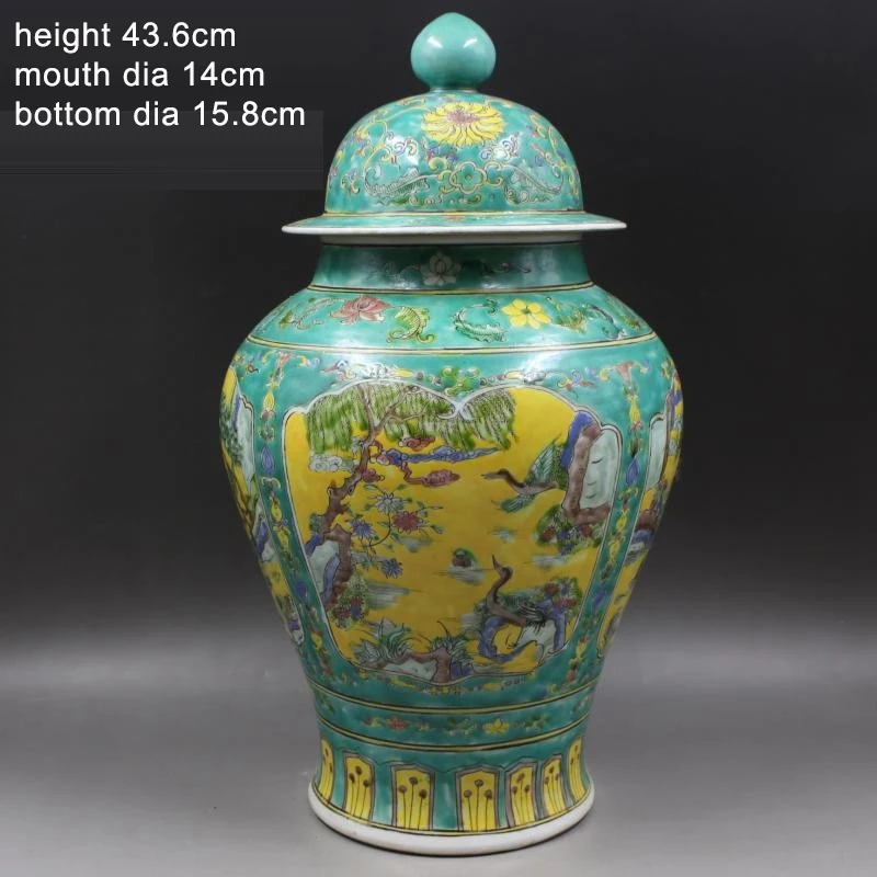 

Qing Kangxi Green Space Pastel Character Pine Crane General Jar Collection Ancient Porcelain Antique Jar