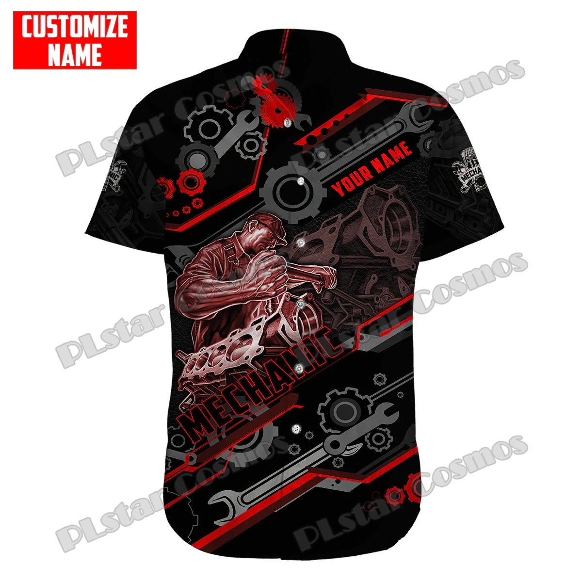 Personalisierter Name Mechaniker Totenkopf 3D-gedrucktes Herren-Hawaii-Hemd Sommer Unisex Casual Beach Kurzarm-Knopfhemd SH07 – Detail 11