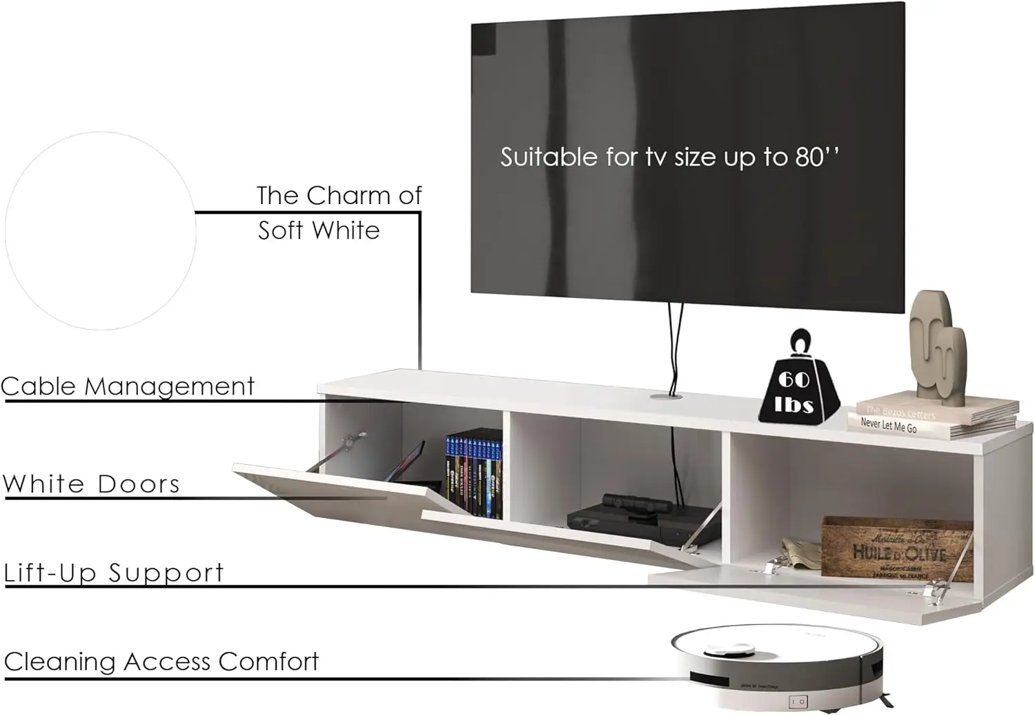 Atelier Mobili White Floating TV Stand, TV Stand up to 75 Inch TV, Floating TV Stand Wall Mounted, Floating Entertainment Center