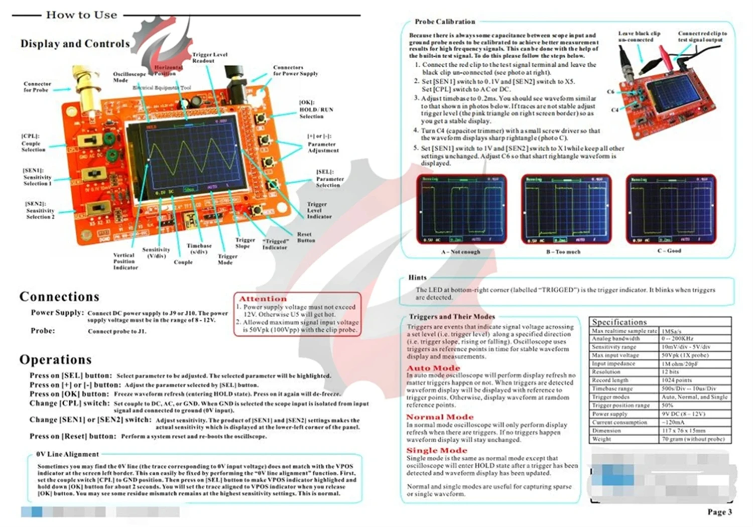 O138 2.4" Fully Assembled Digital Oscilloscope TFT LCD Display With Alligator Probe Test Clip for DSOO138 Oscilloscope Portable 6