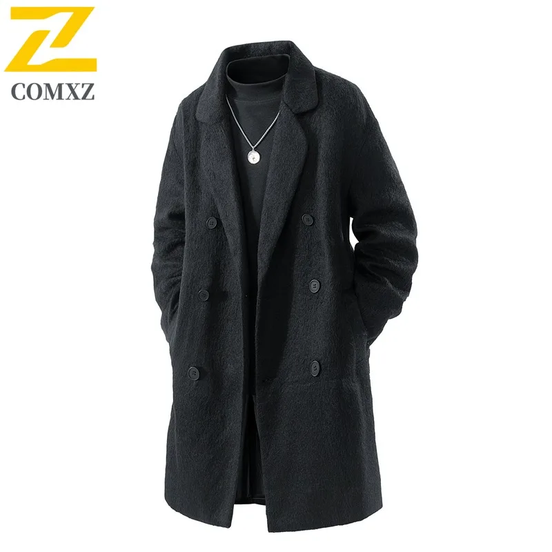 ​Men Casual Long Windbreaker Autumn Winter Korean Style Solid color Coat Windproof Fleece Lined Cold weather protection Jacket